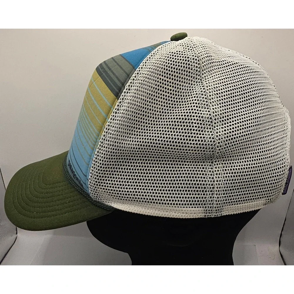 Patagonia Striped Mesh Trucker Hat Green Blue Yellow‎ Adult Strapback Cap